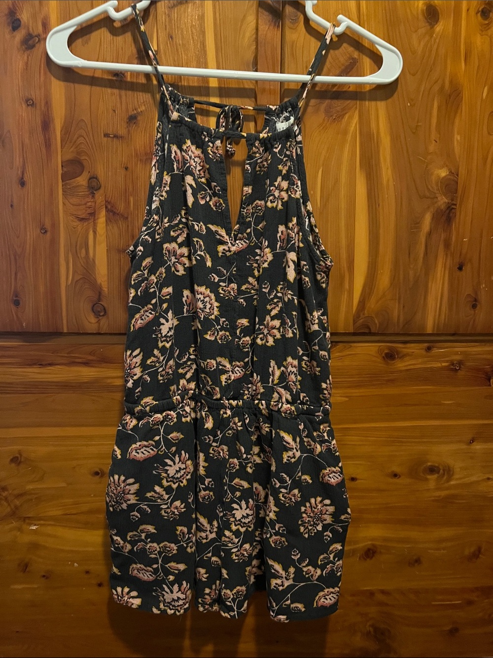 Aeropostale Black Floral Halter Romper with Pink Accents